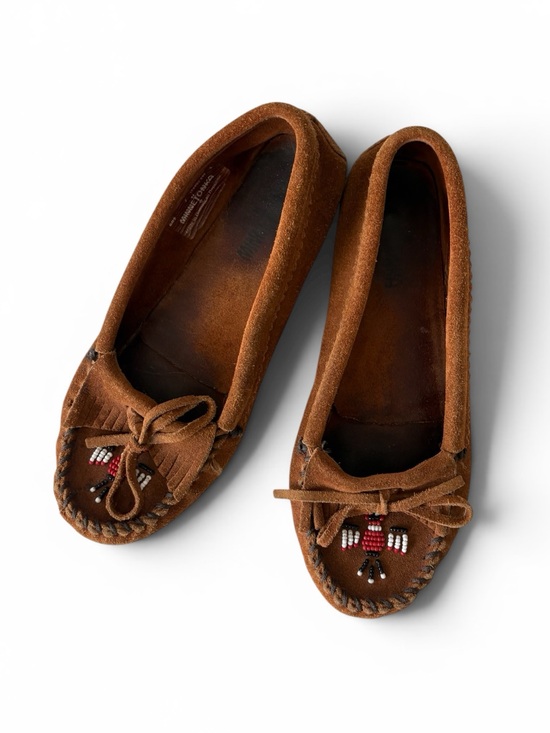 Minnetonka Shoes - Minnetonka Thunderbird II Moccasins Brown Suede Beaded Leather Loafers Size 7